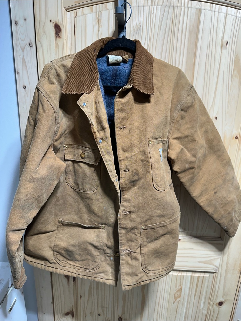 Vintage Carhartt Tan/Brown Canvas Chore Coat with Corduroy Collar Mens
